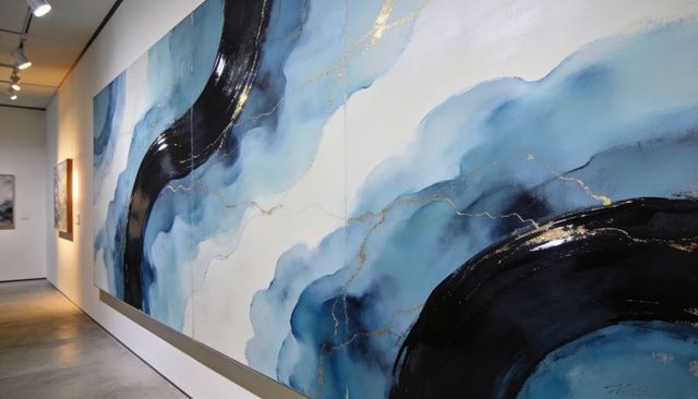 Blue turquoise abstract canvas with glossy black arcs and gold veins in gallery