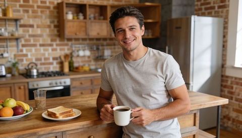 Smiling man holding coffee mug leaning on rustic kitchen island with toast and fruit, sunlit