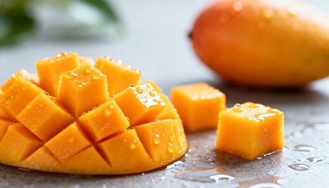 Fresh tropical diced mango hedgehog displaying juicy cubes with water droplets