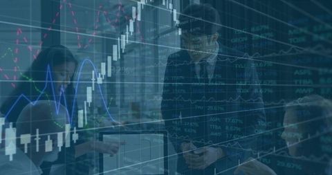 Executives analyzing financial data with stock market overlays collaborating in boardroom