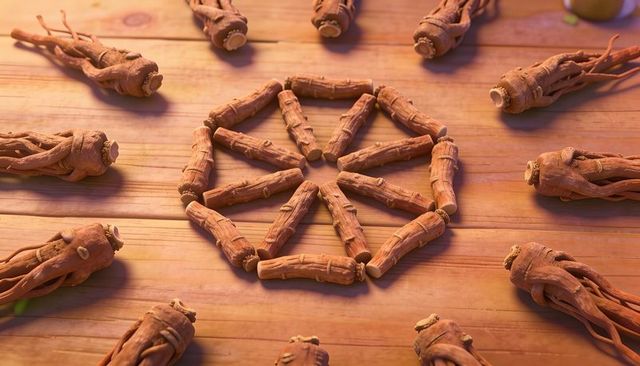 Dried herbal rhizomes arranged in octagonal ring on rustic wood surface with green fruit