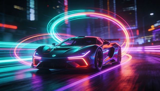 Neon supercar racing through wet cyberpunk city streets with dynamic light trails