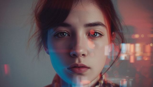 Contemplative Teen Girl with Digital Holographic Glitches