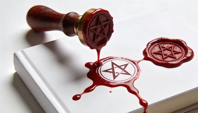 Red Wax Pentagram Seal on White Book Closeup with Dripping Molten Wax and Wooden Handle