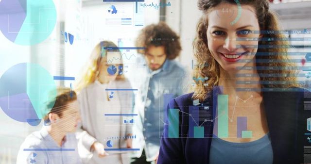 Confident Businesswoman with Team and Digital Analytics Overlay