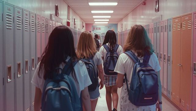 Teen Girls Walking Through Colorful School Hallway with Lockers