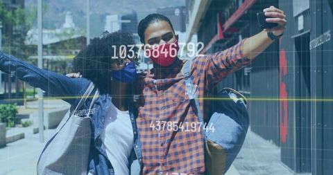 Couple in Face Masks Taking Selfie on Urban Adventure
