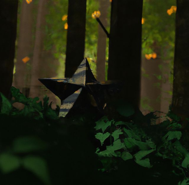 Image of five arm star amongst trees in forest. Christmas, shooting star and nature concept.