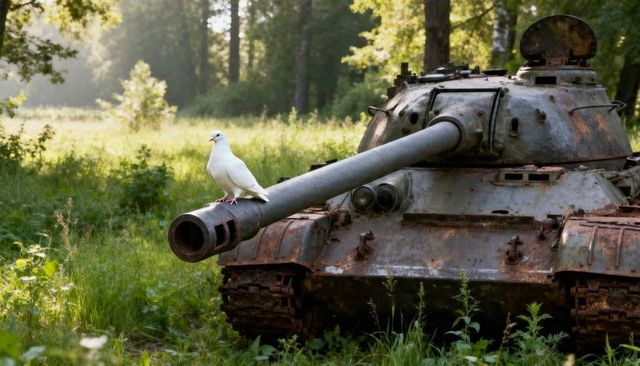 White dove perching on rusted tank barrel in sunlit forest clearing