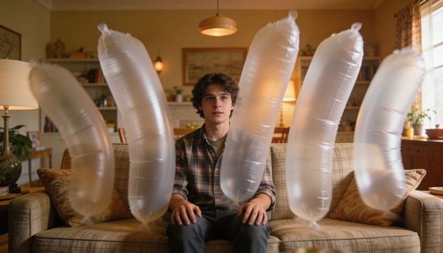Young man sitting among translucent balloons on cozy midcentury sofa with warm lighting