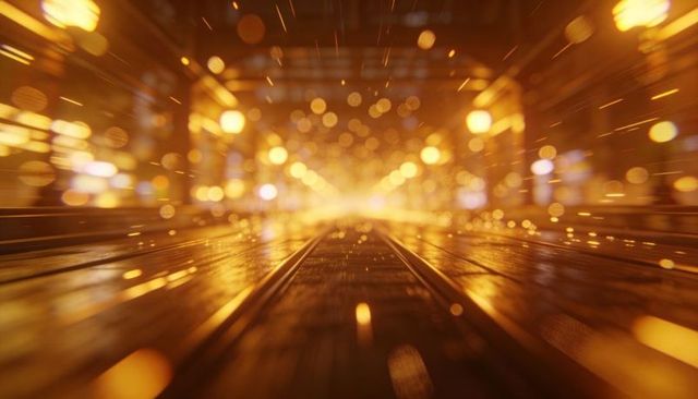 Golden bokeh tunnel with reflective rails and motion spark trails cinematic perspective
