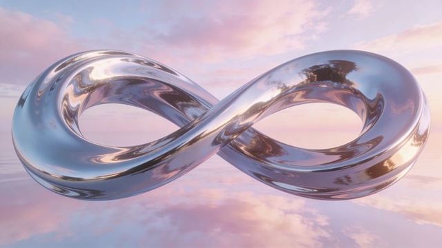 Chrome infinity loop floating over mirror water at pastel sunset reflecting sky artwork