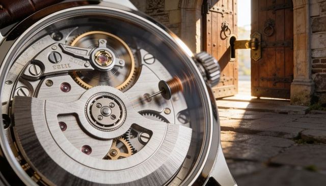 Macro watch movement revealing rotor and gears beside sunlit stone archway