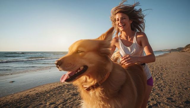 Joyful woman running with golden retriever along sunlit sandy beach at sunset