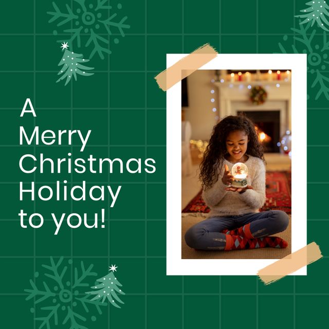 Merry Christmas Greeting with Excited African American Girl and Snow Globe - Download Free Stock Templates Pikwizard.com