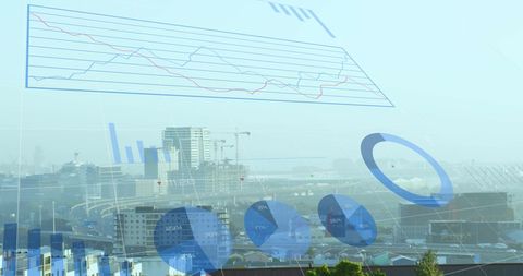 Overlay of Financial Data Charts Above the Cityscape Illustration - Download Free Stock Images Pikwizard.com