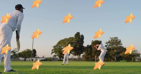 Cricket players practicing on grassy field at golden hour with floating star overlay