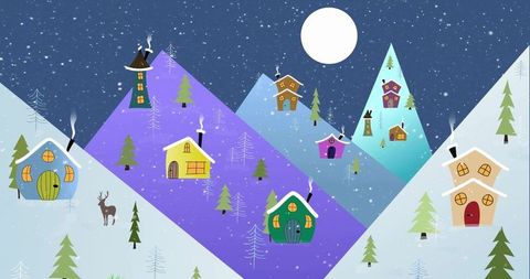 Whimsical moonlit winter village with colorful cottages on snowy mountain slopes