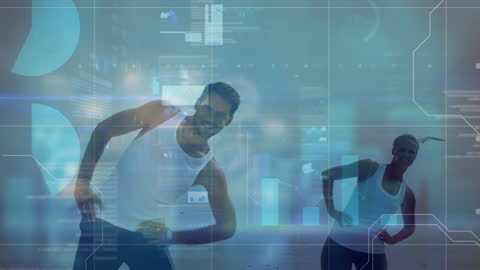 Two People Exercising with Digital Stats Overlay