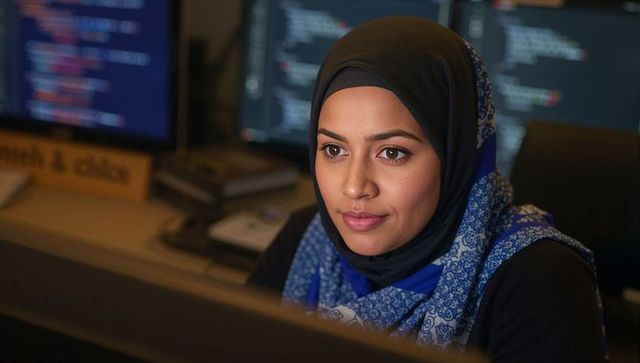 Focused software developer wearing hijab in office environment