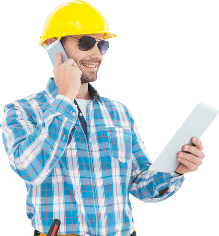transparent smiling foreman using digital tablet and cellphone - Download Free Stock Videos Pikwizard.com