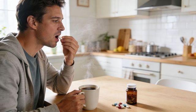 Adult man taking pill with morning coffee at kitchen table, prescription medication