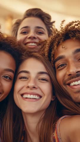 Smiling friends leaning in for vertical selfie at warm cafe, candid lifestyle video
