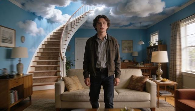 Young man standing in surreal living room with curved staircase and cloud ceiling