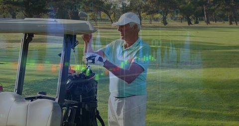 Senior golfer selecting club from cart on sunny fairway with financial chart overlay