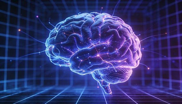 Floating glowing brain with networked neural nodes and data sparks in holographic grid