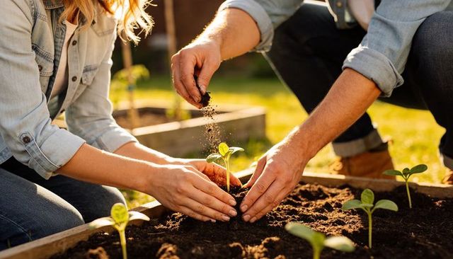 Couple planting young seedlings in raised garden bed at golden hour
