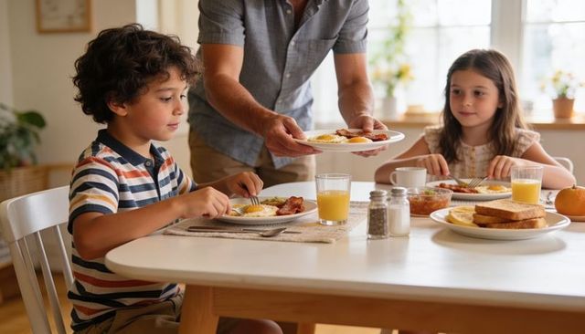 Father serving breakfast to kids at sunlit kitchen table with eggs, bacon, orange juice
