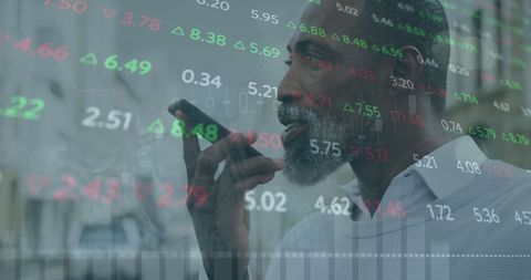 Businessman Uses Smartphone with Stock Market Data Overlay