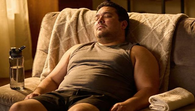 Man napping on couch after workout holding water bottle cozy home relaxation