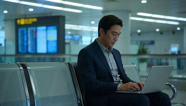 Executive working on laptop at airport gate, typing business email and reviewing documents