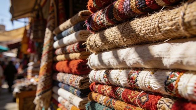 Stacking handwoven rugs with embroidered trims vibrant open-air market aisle