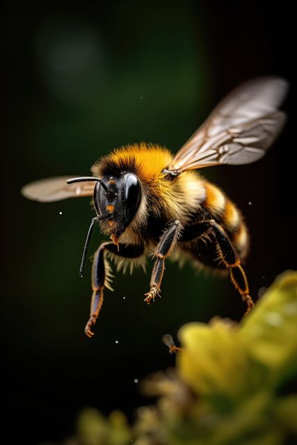 Close up of bee hovering over plant on dark background, created using generative ai technology. Feeding, insects, nature, summer and wildlife concept digitally generated image.