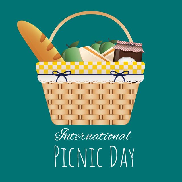 Illustration of a picnic basket filled with bread, apples, and jam, promoting International Picnic Day. Ideal for holiday announcements, social media posts, and event invitations. Emphasizes outdoor activities, family time, and celebrations.