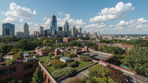 Charlotte urban skyline with green rooftops and modern architecture