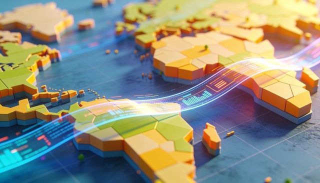 3d global data ribbon connecting hexagonal world map with glowing analytics stream