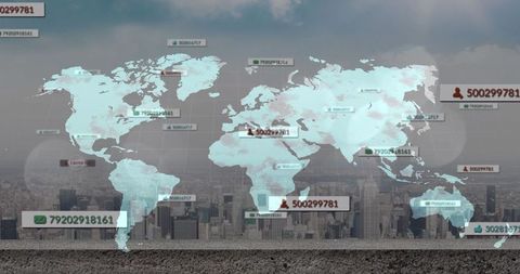 Futuristic world map overlay with data tags above urban skyline