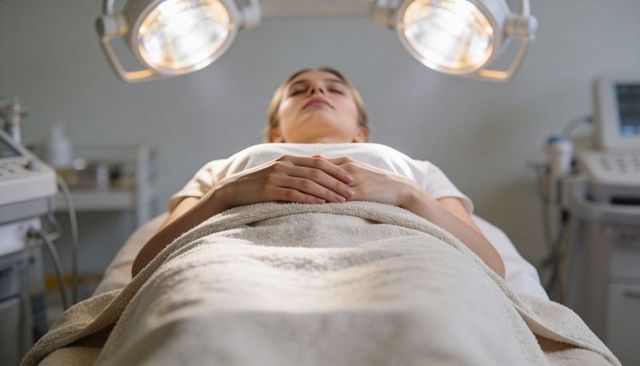 Patient lying on clinic table under overhead exam lights for routine medical examination