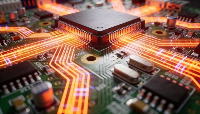 Square microprocessor radiating glowing data traces across printed circuit board