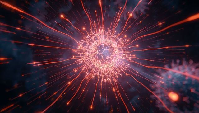 Neon polygonal energy core radiating data filaments with glowing nodes and orbs for ai