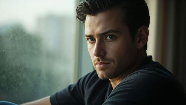 Sitting man gazing through smudged window, soft light contemplative portrait