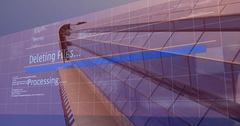 Futuristic glass tower with digital deleting files overlay