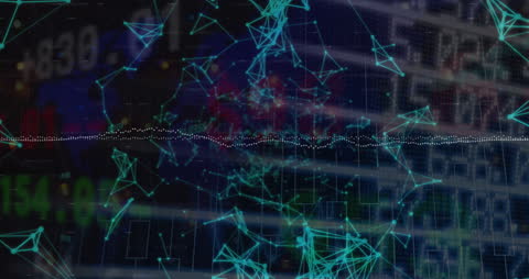 Digital Network Overlay on Stock Market Data Background