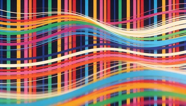 Vibrant wavy ribbons crossing vertical color bars abstract digital background