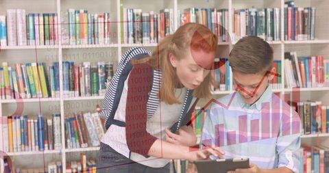 Student collaborating with teacher using tablet in library with digital data overlays