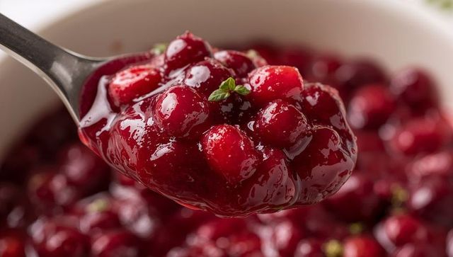 Spoon scooping glossy cranberry compote with fresh herb garnish